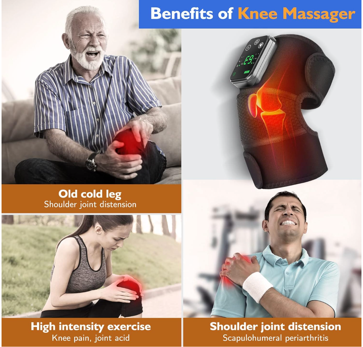 Heated Knee Massager & Brace Wrap, Vibration Heating Pads, 3 Adjustable Intensities & Temperatures, Elbow/Shoulder Relax, Black
